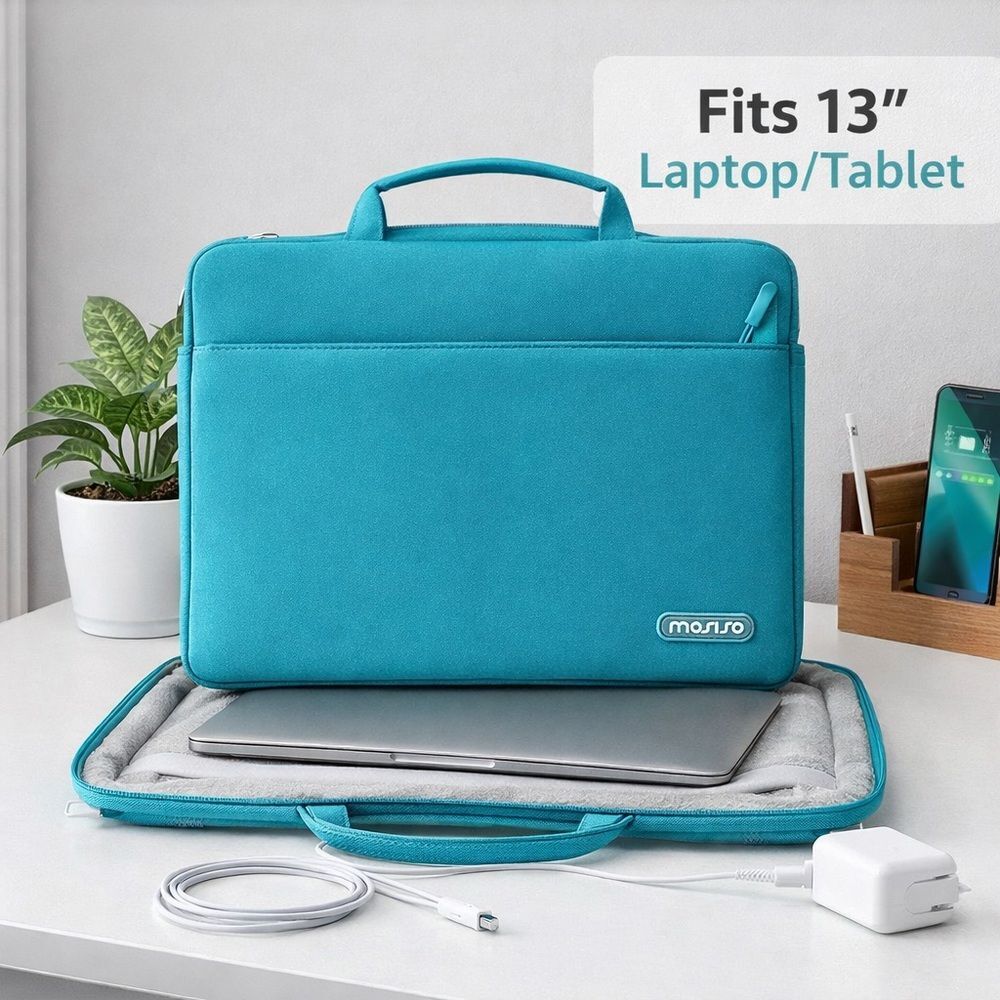 Mosiso 13” Laptop/Tablet Case Zip-Around Sleeve Teal Carry Handle EUC